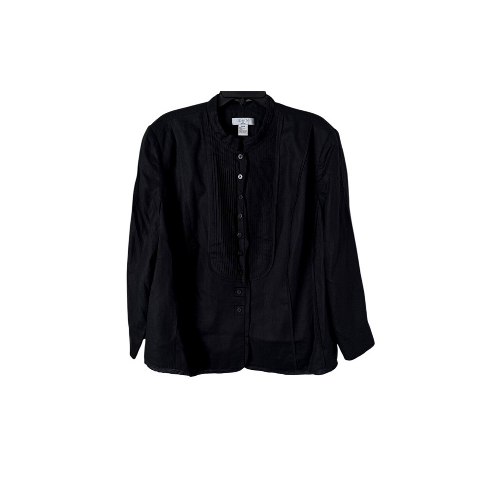 Vintage Liberte Emanuel Ungaro 100% Linen Black Jacket Pintuck Band Collar 22W